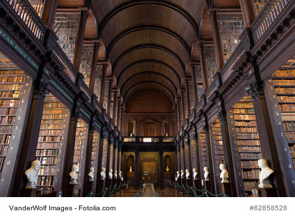 DUBLIN, IRELAND - FEB 15: The Long Room in the Trinity College Library on Feb 15, 2014 in Dublin, Ireland. Trinity College Library is the largest library in Ireland and home to The Book of Kells.