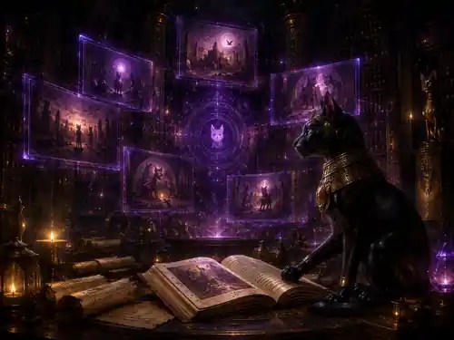 Schwarze Katzengöttin vor violett leuchtenden Erinnerungsbildern und alten Büchern in einem dunklen Sternenarchiv.