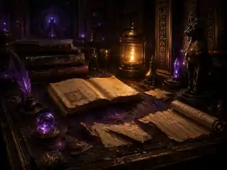 Alte Bücher, Schriftrollen und eine Feder auf einem dunklen Schreibtisch im gold-violetten Sternenarchiv, bewacht von einer schwarzen Katzenstatue.