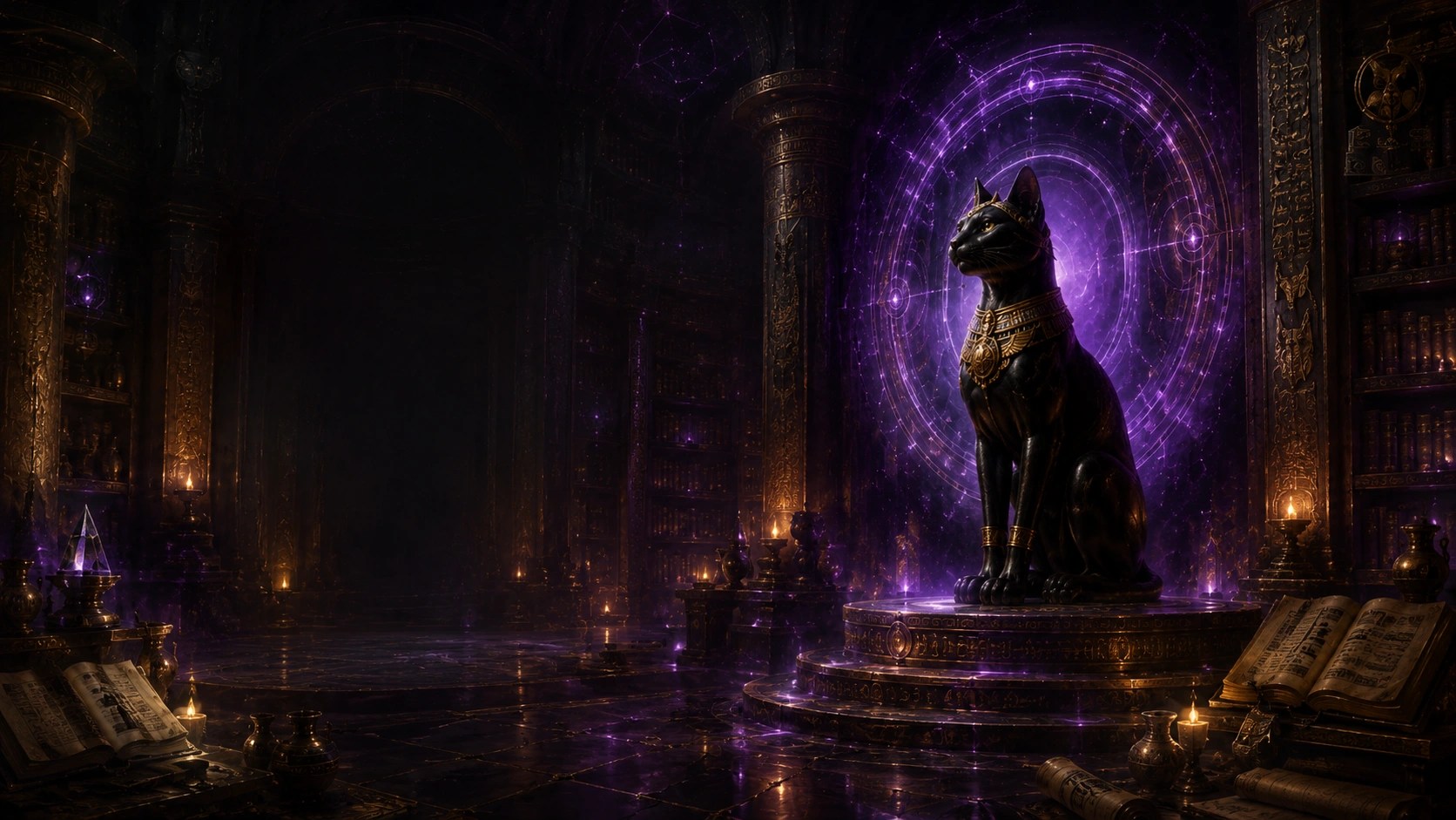 Schwarze Katzengöttin vor einem violett leuchtenden Portal in einem gold-violetten Sternenarchiv mit Büchern und Schriftrollen.