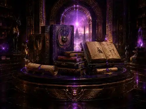Gold-violettes Tempelarchiv mit reich verzierten Büchern und Schriftrollen vor einem offenen Portal in eine fremde Welt.
