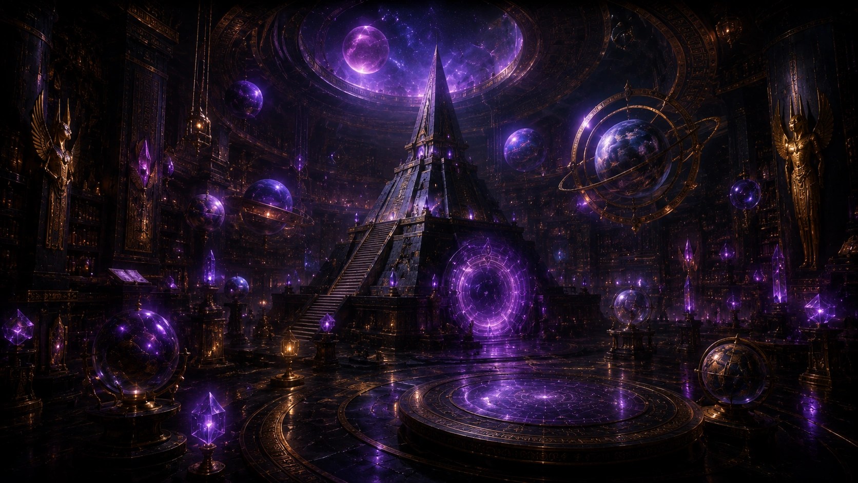 Kosmisches gold-violettes Sternenarchiv mit monumentaler Pyramide, Planetensphären und leuchtenden Portalen.