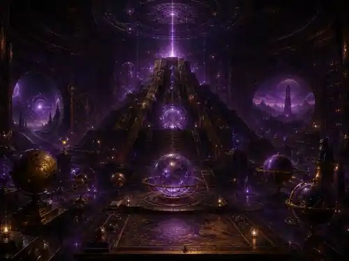 Kosmisches Tempelarchiv mit einer monumentalen Pyramidenstruktur, violetten Sternensphären und psionisch leuchtenden Portalen.