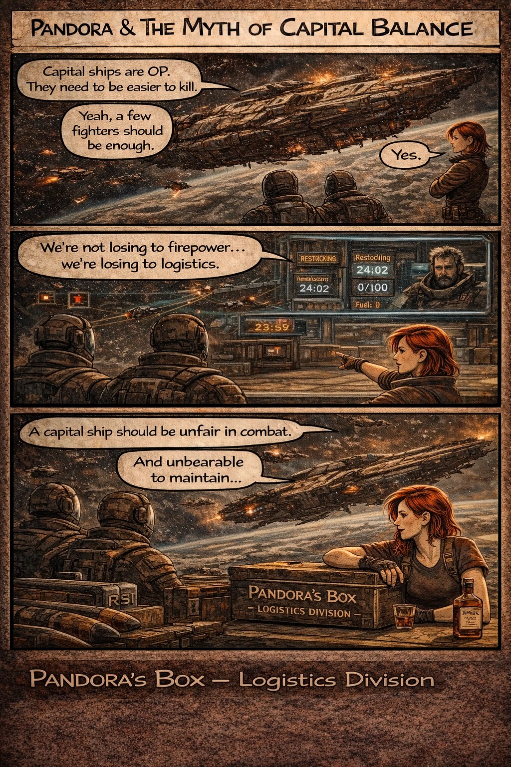 Dreiteiliger Pandora-Comic über Capital Ships, Kampfstärke und den entscheidenden Einfluss der Logistik.