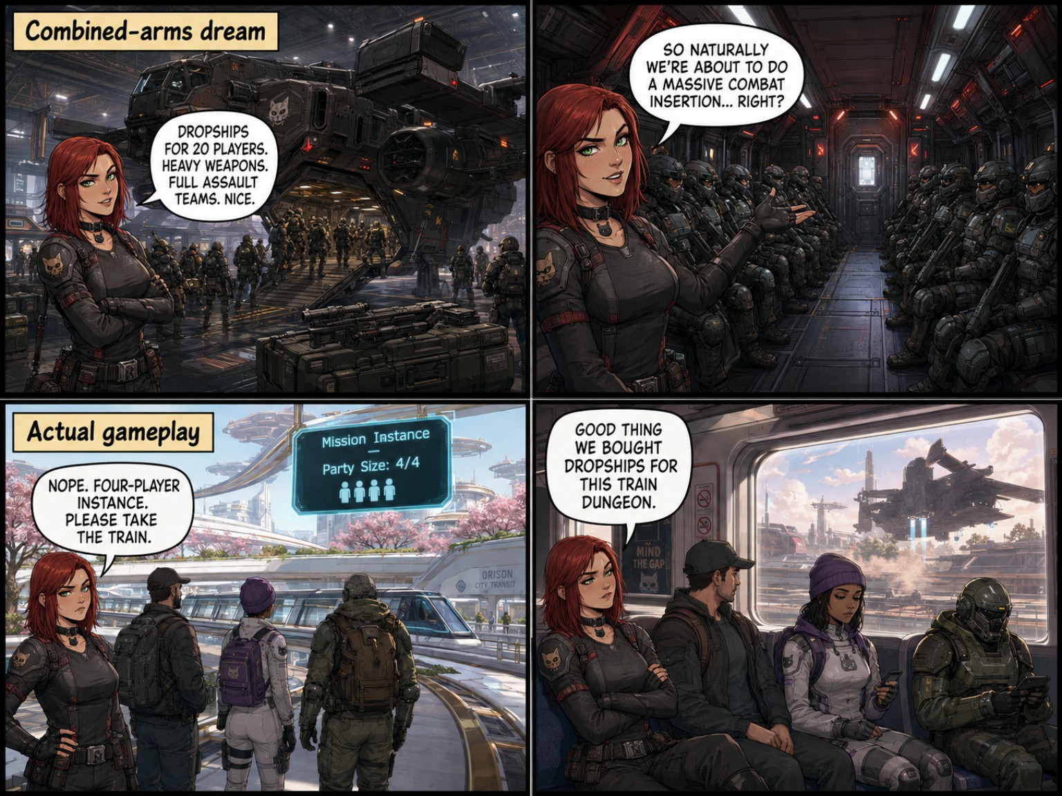 Vierpaneliger Pandora-Comic: Ein Dropship für zwanzig Soldaten und eine volle Angriffstruppe treffen auf eine auf vier Spieler begrenzte Missionsinstanz – die Gruppe muss stattdessen mit der Bahn fahren.