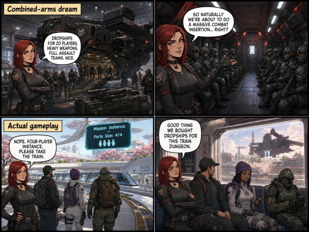 Vierpaneliger Pandora-Comic: Ein Dropship für zwanzig Soldaten und eine volle Angriffstruppe treffen auf eine auf vier Spieler begrenzte Missionsinstanz – die Gruppe muss stattdessen mit der Bahn fahren.