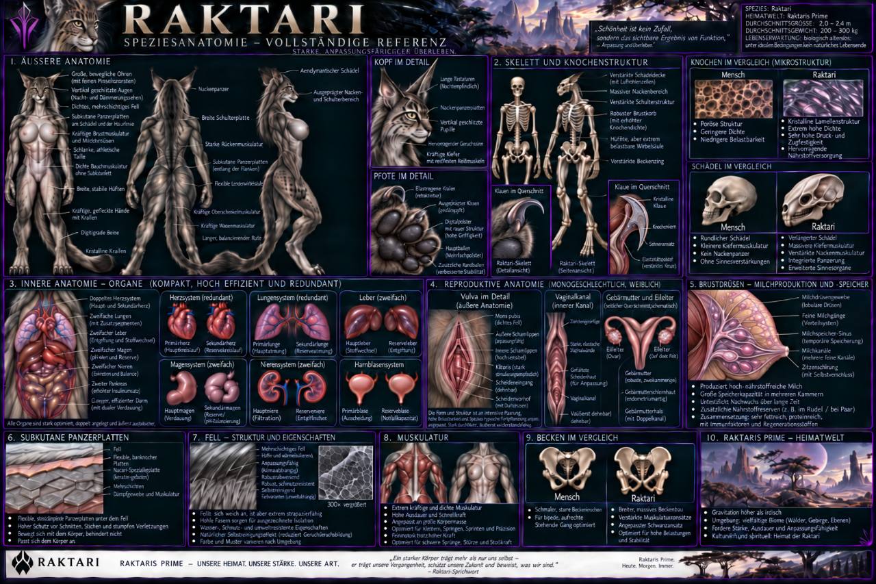 Aktualisierte anatomische Tafel der Raktari mit Körperansichten, Skelett, Organen, Fell und Panzerplatten sowie Details zur Fortpflanzungsanatomie. Gewichtsangabe: 200–300 kg.